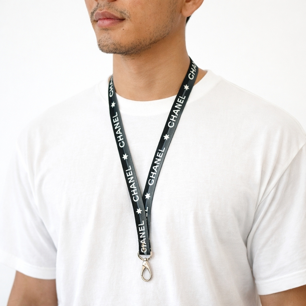 CHANEL Black Logo Lanyard Necklace